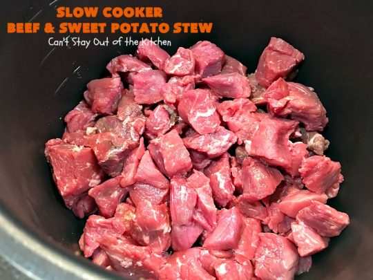Slow Cooker Beef and Sweet Potato Stew | Can't Stay Out of the Kitchen | this delicious #stew is chocked full of fresh #veggies. Because everything is tossed into the #SlowCooker, it makes for a really easy weeknight meal. Tasty, savory & delicious comfort food for cold, winter nights. #Healthy #CleanEating #LowCalorie #GlutenFree #beef #tomatoes #zucchini #StewBeef #Crockpot #soup #GreenBeans #YellowSquash #SweetPotatoes #SlowCookerBeefAndSweetPotatoStew