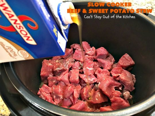 Slow Cooker Beef and Sweet Potato Stew | Can't Stay Out of the Kitchen | this delicious #stew is chocked full of fresh #veggies. Because everything is tossed into the #SlowCooker, it makes for a really easy weeknight meal. Tasty, savory & delicious comfort food for cold, winter nights. #Healthy #CleanEating #LowCalorie #GlutenFree #beef #tomatoes #zucchini #StewBeef #Crockpot #soup #GreenBeans #YellowSquash #SweetPotatoes #SlowCookerBeefAndSweetPotatoStew
