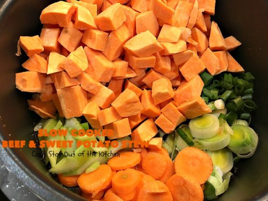 Slow Cooker Beef and Sweet Potato Stew | Can't Stay Out of the Kitchen | this delicious #stew is chocked full of fresh #veggies. Because everything is tossed into the #SlowCooker, it makes for a really easy weeknight meal. Tasty, savory & delicious comfort food for cold, winter nights. #Healthy #CleanEating #LowCalorie #GlutenFree #beef #tomatoes #zucchini #StewBeef #Crockpot #soup #GreenBeans #YellowSquash #SweetPotatoes #SlowCookerBeefAndSweetPotatoStew