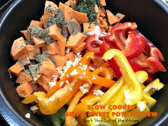Slow Cooker Beef and Sweet Potato Stew | Can't Stay Out of the Kitchen | this delicious #stew is chocked full of fresh #veggies. Because everything is tossed into the #SlowCooker, it makes for a really easy weeknight meal. Tasty, savory & delicious comfort food for cold, winter nights. #Healthy #CleanEating #LowCalorie #GlutenFree #beef #tomatoes #zucchini #StewBeef #Crockpot #soup #GreenBeans #YellowSquash #SweetPotatoes #SlowCookerBeefAndSweetPotatoStew
