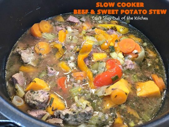 Slow Cooker Beef and Sweet Potato Stew | Can't Stay Out of the Kitchen | this delicious #stew is chocked full of fresh #veggies. Because everything is tossed into the #SlowCooker, it makes for a really easy weeknight meal. Tasty, savory & delicious comfort food for cold, winter nights. #Healthy #CleanEating #LowCalorie #GlutenFree #beef #tomatoes #zucchini #StewBeef #Crockpot #soup #GreenBeans #YellowSquash #SweetPotatoes #SlowCookerBeefAndSweetPotatoStew