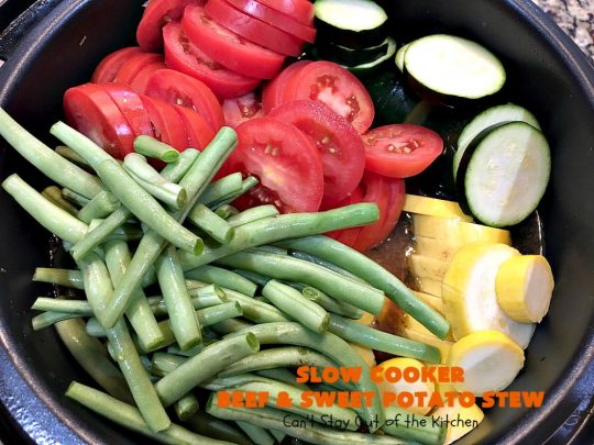 Slow Cooker Beef and Sweet Potato Stew | Can't Stay Out of the Kitchen | this delicious #stew is chocked full of fresh #veggies. Because everything is tossed into the #SlowCooker, it makes for a really easy weeknight meal. Tasty, savory & delicious comfort food for cold, winter nights. #Healthy #CleanEating #LowCalorie #GlutenFree #beef #tomatoes #zucchini #StewBeef #Crockpot #soup #GreenBeans #YellowSquash #SweetPotatoes #SlowCookerBeefAndSweetPotatoStew