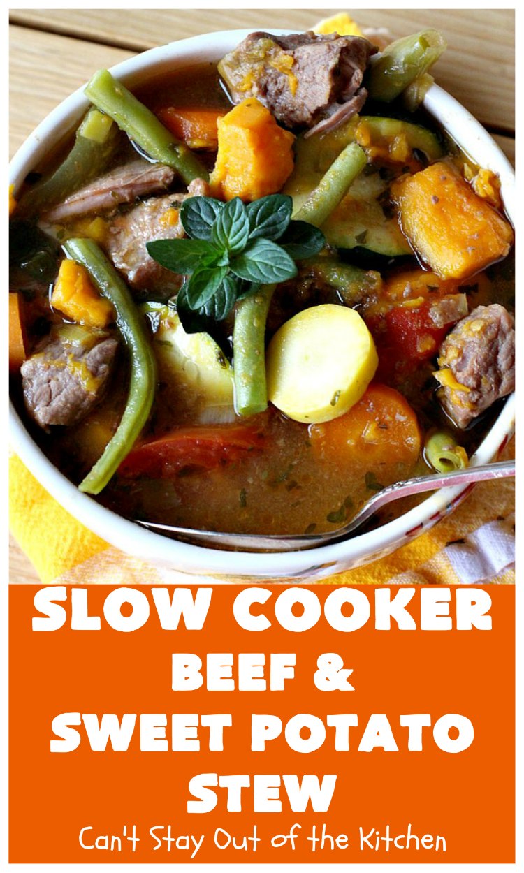 Slow Cooker Beef and Sweet Potato Stew | Can't Stay Out of the Kitchen | this delicious #stew is chocked full of fresh #veggies. Because everything is tossed into the #SlowCooker, it makes for a really easy weeknight meal. Tasty, savory & delicious comfort food for cold, winter nights. #Healthy #CleanEating #LowCalorie #GlutenFree #beef #tomatoes #zucchini #StewBeef #Crockpot #soup #GreenBeans #YellowSquash #SweetPotatoes #SlowCookerBeefAndSweetPotatoStew