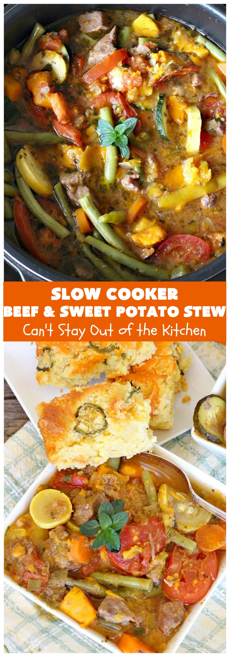 Slow Cooker Beef and Sweet Potato Stew | Can't Stay Out of the Kitchen | this delicious #stew is chocked full of fresh #veggies. Because everything is tossed into the #SlowCooker, it makes for a really easy weeknight meal. Tasty, savory & delicious comfort food for cold, winter nights. #Healthy #CleanEating #LowCalorie #GlutenFree #beef #tomatoes #zucchini #StewBeef #Crockpot #soup #GreenBeans #YellowSquash #SweetPotatoes #SlowCookerBeefAndSweetPotatoStew