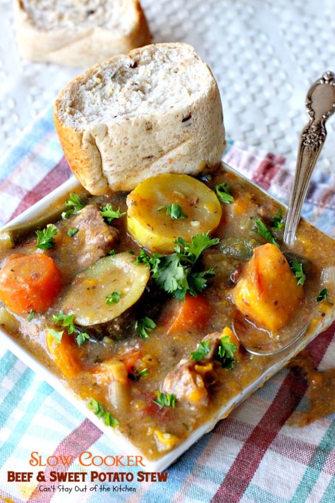 Slow Cooker Beef and Sweet Potato Stew | Can't Stay Out of the Kitchen | this #stew is hearty, filling and so satisfying. It has a delightful combination of textures and flavor. Plus it's made with #cleaneating ingredients so it's healthy, low calorie #glutenfree & #dairyfree. #beef #soup #sweetpotatoes