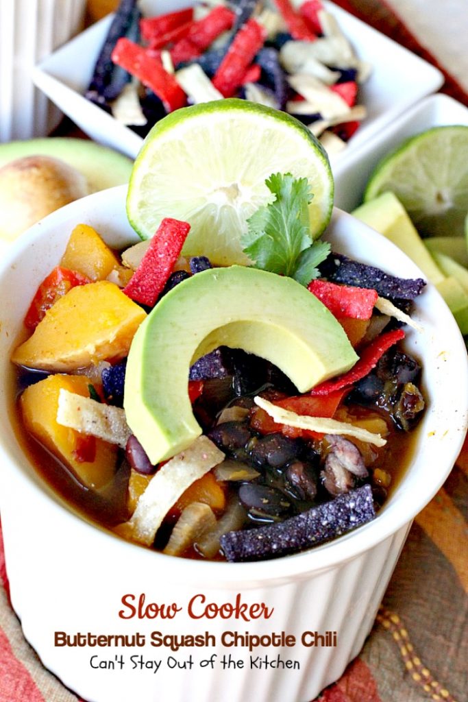 Slow Cooker Butternut Squash Chipotle Chili | Can't Stay Out of the Kitchen | this wonderful #chili includes #butternutsquash #blackbeans & #chipotle peppers making it incredibly delicious. #Tex-Mex #soup #vegan #glutenfree