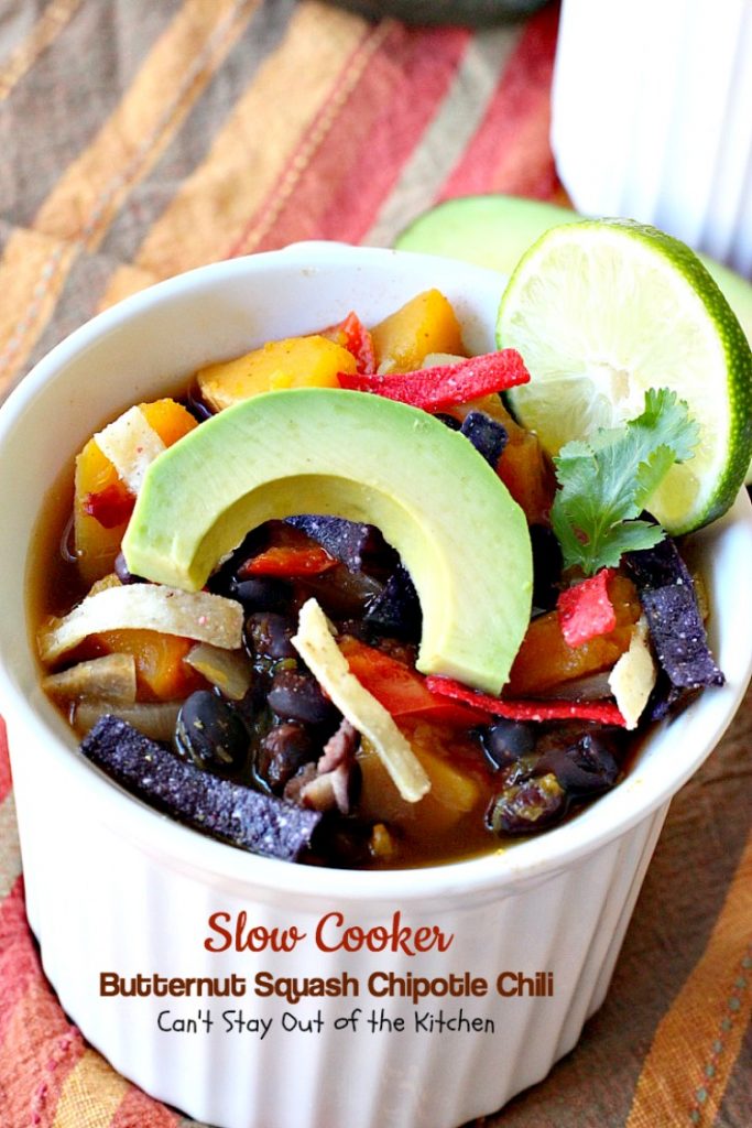 Slow Cooker Butternut Squash Chipotle Chili | Can't Stay Out of the Kitchen | this wonderful #chili includes #butternutsquash #blackbeans & #chipotle peppers making it incredibly delicious. #Tex-Mex #soup #vegan #glutenfree