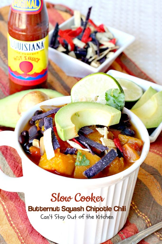 Slow Cooker Butternut Squash Chipotle Chili | Can't Stay Out of the Kitchen | this wonderful #chili includes #butternutsquash #blackbeans & #chipotle peppers making it incredibly delicious. #Tex-Mex #soup #vegan #glutenfree