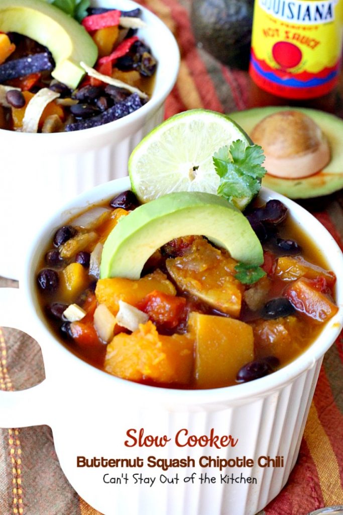 Slow Cooker Butternut Squash Chipotle Chili | Can't Stay Out of the Kitchen | this wonderful #chili includes #butternutsquash #blackbeans & #chipotle peppers making it incredibly delicious. #Tex-Mex #soup #vegan #glutenfree