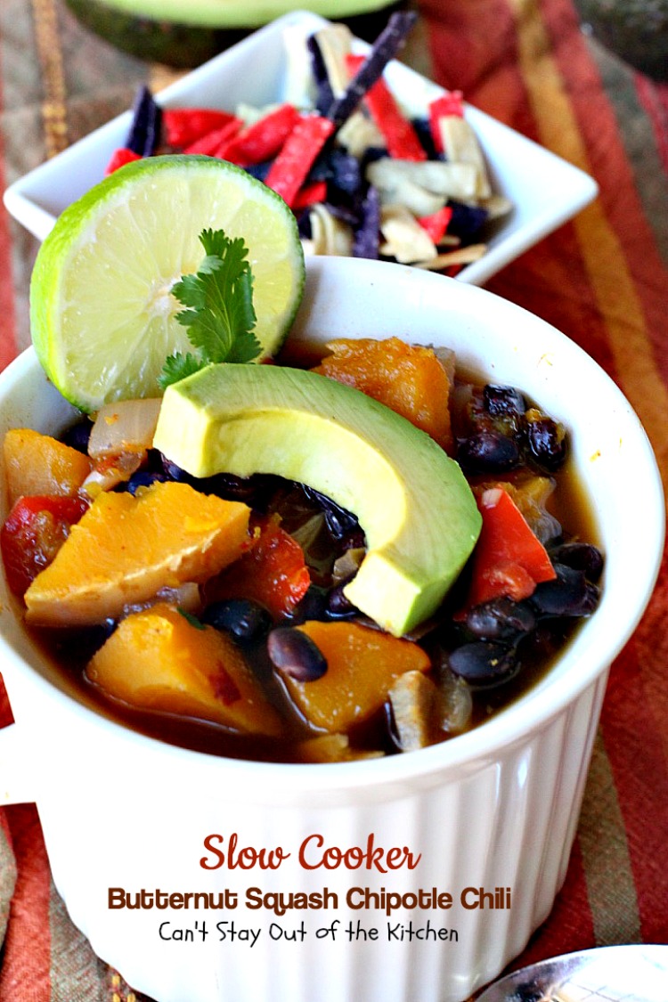 Slow Cooker Butternut Squash Chipotle Chili | Can't Stay Out of the Kitchen | this wonderful #chili includes #butternutsquash #blackbeans & #chipotle peppers making it incredibly delicious. #Tex-Mex #soup #vegan #glutenfree