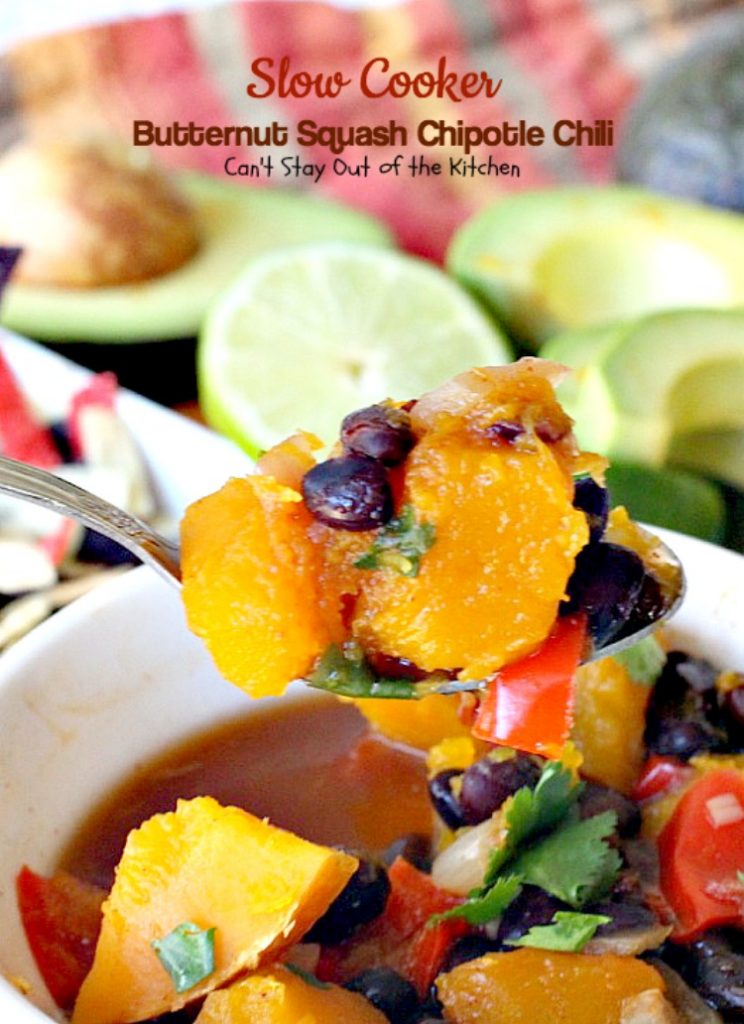 Slow Cooker Butternut Squash Chipotle Chili | Can't Stay Out of the Kitchen | this wonderful #chili includes #butternutsquash #blackbeans & #chipotle peppers making it incredibly delicious. #Tex-Mex #soup #vegan #glutenfree