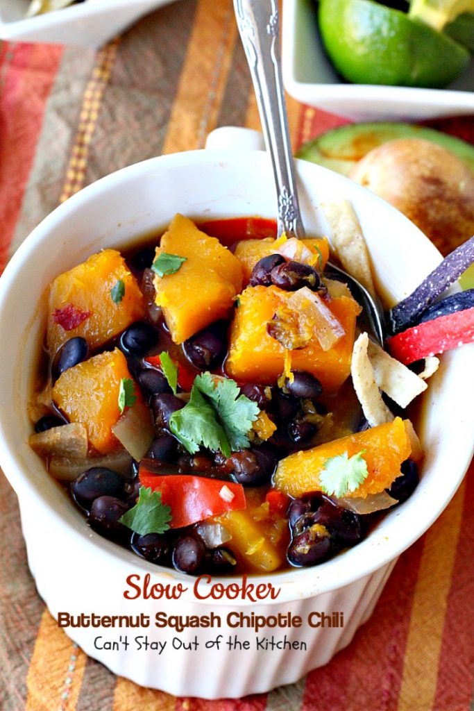 Slow Cooker Butternut Squash Chipotle Chili | Can't Stay Out of the Kitchen | this wonderful #chili includes #butternutsquash #blackbeans & #chipotle peppers making it incredibly delicious. #Tex-Mex #soup #vegan #glutenfree