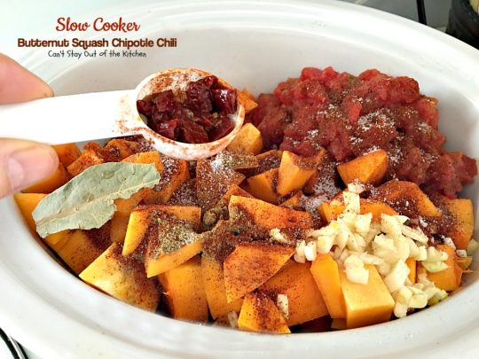 Slow Cooker Butternut Squash Chipotle Chili | Can't Stay Out of the Kitchen | this wonderful #chili includes #butternutsquash #blackbeans & #chipotle peppers making it incredibly delicious. #Tex-Mex #soup #vegan #glutenfree