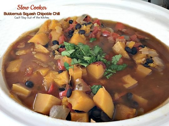 Slow Cooker Butternut Squash Chipotle Chili | Can't Stay Out of the Kitchen | this wonderful #chili includes #butternutsquash #blackbeans & #chipotle peppers making it incredibly delicious. #Tex-Mex #soup #vegan #glutenfree