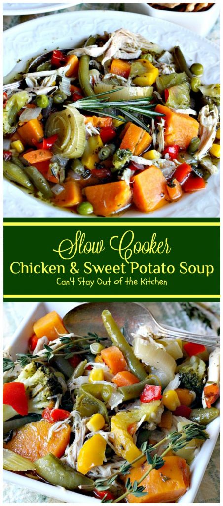 Slow Cooker Chicken and Sweet Potato Soup | Can't Stay Out of the Kitchen | this heavenly #soup is made in the #crockpot making it so easy. It's a wonderful fall or winter soup when you want a delightful comfort food for dinner. #chicken #veggies #sweetpotatoes