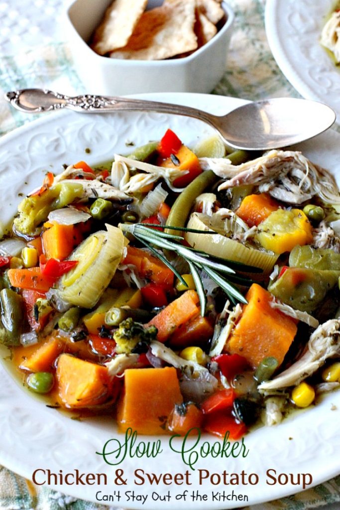 Slow Cooker Chicken and Sweet Potato Soup | Can't Stay Out of the Kitchen | this heavenly #soup is made in the #crockpot making it so easy. It's a wonderful fall or winter soup when you want a delightful comfort food for dinner. #chicken #veggies #sweetpotatoes