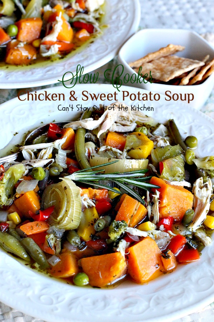 Slow Cooker Chicken and Sweet Potato Soup | Can't Stay Out of the Kitchen | this heavenly #soup is made in the #crockpot making it so easy. It's a wonderful fall or winter soup when you want a delightful comfort food for dinner. #chicken #veggies #sweetpotatoes