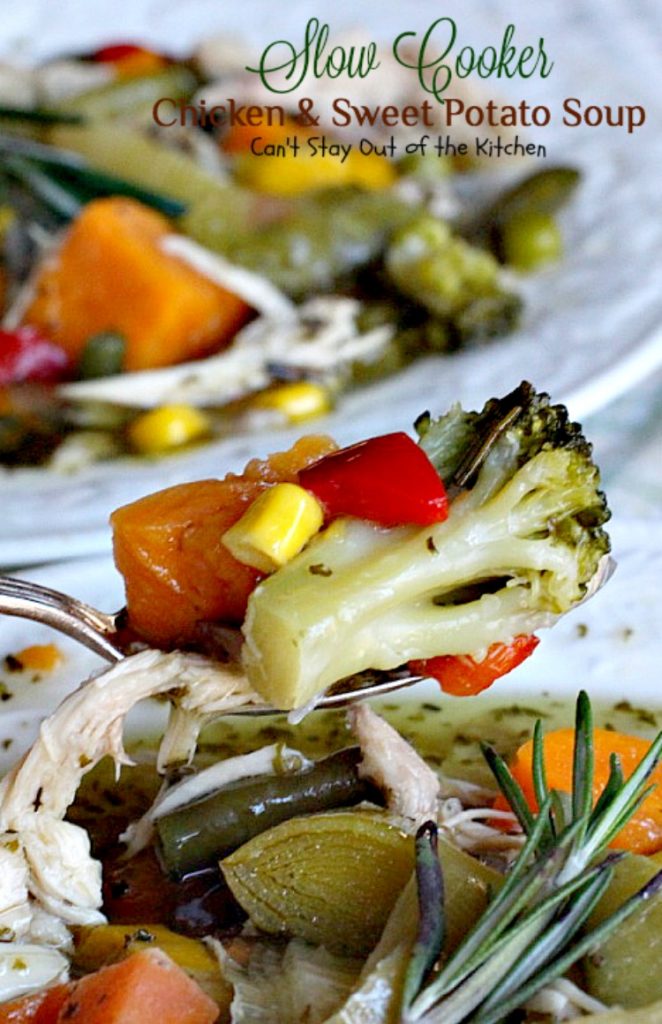 Slow Cooker Chicken and Sweet Potato Soup | Can't Stay Out of the Kitchen | this heavenly #soup is made in the #crockpot making it so easy. It's a wonderful fall or winter soup when you want a delightful comfort food for dinner. #chicken #veggies #sweetpotatoes