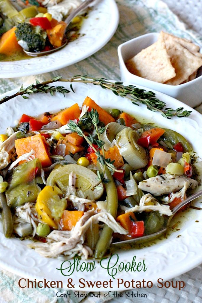 Slow Cooker Chicken and Sweet Potato Soup | Can't Stay Out of the Kitchen | this heavenly #soup is made in the #crockpot making it so easy. It's a wonderful fall or winter soup when you want a delightful comfort food for dinner. #chicken #veggies #sweetpotatoes