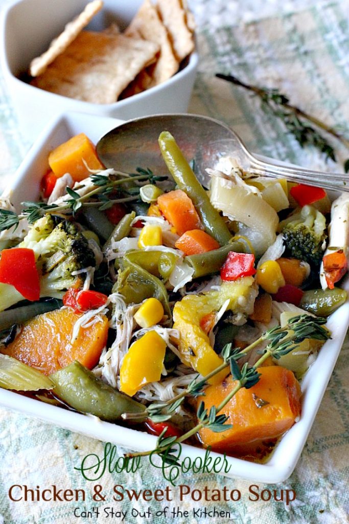 Slow Cooker Chicken and Sweet Potato Soup | Can't Stay Out of the Kitchen | this heavenly #soup is made in the #crockpot making it so easy. It's a wonderful fall or winter soup when you want a delightful comfort food for dinner. #chicken #veggies #sweetpotatoes
