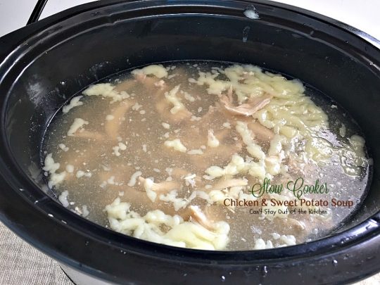 Slow Cooker Chicken and Sweet Potato Soup | Can't Stay Out of the Kitchen | this heavenly #soup is made in the #crockpot making it so easy. It's a wonderful fall or winter soup when you want a delightful comfort food for dinner. #chicken #veggies #sweetpotatoes