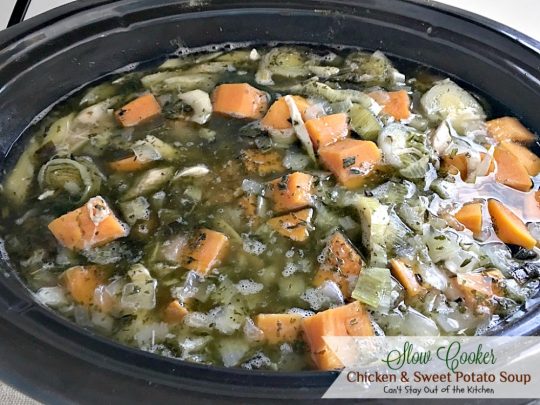 Slow Cooker Chicken and Sweet Potato Soup | Can't Stay Out of the Kitchen | this heavenly #soup is made in the #crockpot making it so easy. It's a wonderful fall or winter soup when you want a delightful comfort food for dinner. #chicken #veggies #sweetpotatoes