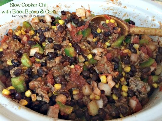Slow Cooker Chili with Black Beans & Corn | Can't Stay Out of the Kitchen | this fantastic #chili is so quick and easy - everything goes in the #crockpot! Savory, delicious flavors that are second to none! #glutenfree #corn #blackbeans #Tex-Mex