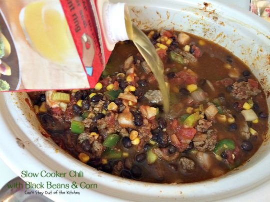 Slow Cooker Chili with Black Beans & Corn | Can't Stay Out of the Kitchen | this fantastic #chili is so quick and easy - everything goes in the #crockpot! Savory, delicious flavors that are second to none! #glutenfree #corn #blackbeans #Tex-Mex
