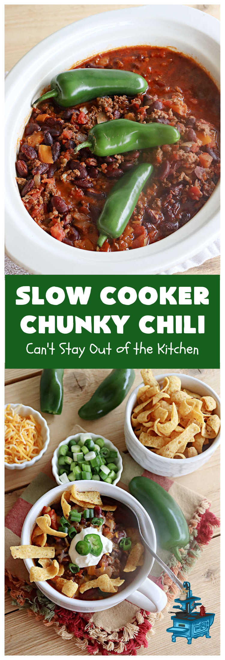 Slow Cooker Chunky Chili | Can't Stay Out of the Kitchen | this easy #chili #recipe is made in the #crockpot. It's delightfully chunky & filled with #KidneyBeans, both #GroundBeef & #sausage, & #TomatoesWithGreenChilis. Great #ChunkyChili for #tailgating parties or family dinners during fall & winter. #GlutenFree #SlowCooker #jalapeños
#Fritos #TortillaChips
#SlowCookerChunkyChili #beef #pork #SlowCookedChunkyChili
