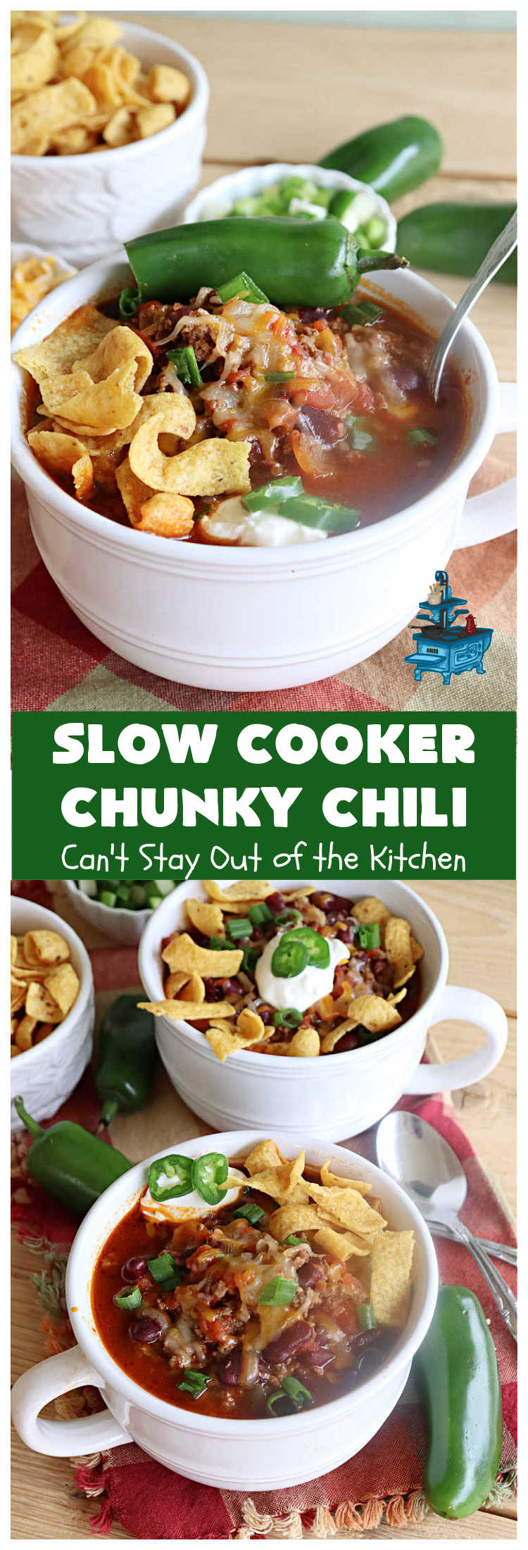 Slow Cooker Chunky Chili | Can't Stay Out of the Kitchen | this easy #chili #recipe is made in the #crockpot. It's delightfully chunky & filled with #KidneyBeans, both #GroundBeef & #sausage, & #TomatoesWithGreenChilis. Great #ChunkyChili for #tailgating parties or family dinners during fall & winter. #GlutenFree #SlowCooker #jalapeños #Fritos #TortillaChips #SlowCookerChunkyChili #beef #pork #SlowCookedChunkyChili