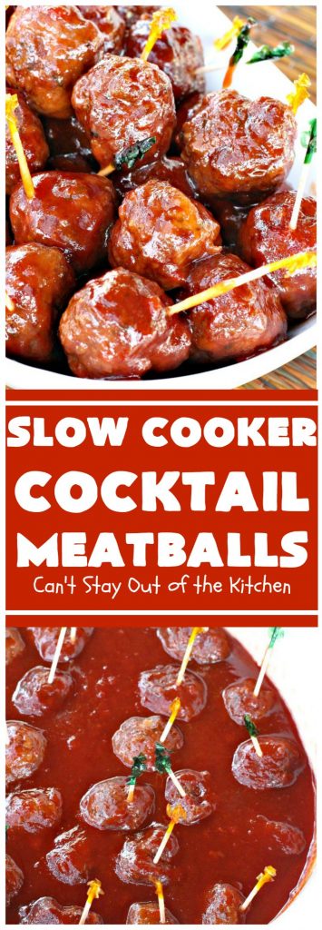 Slow Cooker Cocktail Meatballs | Can't Stay Out of the Kitchen | this favorite #meatballs recipe includes grape jelly & #SweetBabyRays #BBQ sauce! It's fabulous for #tailgating, #NewYearsEve or #SuperBowl parties. So easy, too! #appetizer