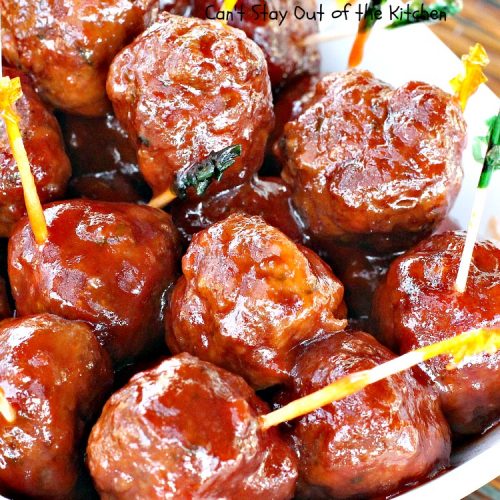 Slow Cooker Cocktail Meatballs | Can't Stay Out of the Kitchen | this favorite #meatballs recipe includes grape jelly & #SweetBabyRays #BBQ sauce! It's fabulous for #tailgating, #NewYearsEve or #SuperBowl parties. So easy, too! #appetizer