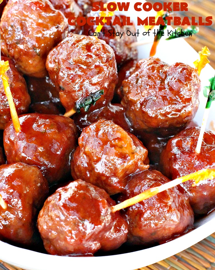 Slow Cooker Cocktail Meatballs | Can't Stay Out of the Kitchen | this favorite #meatballs recipe includes grape jelly & #SweetBabyRays #BBQ sauce! It's fabulous for #tailgating, #NewYearsEve or #SuperBowl parties. So easy, too! #appetizer