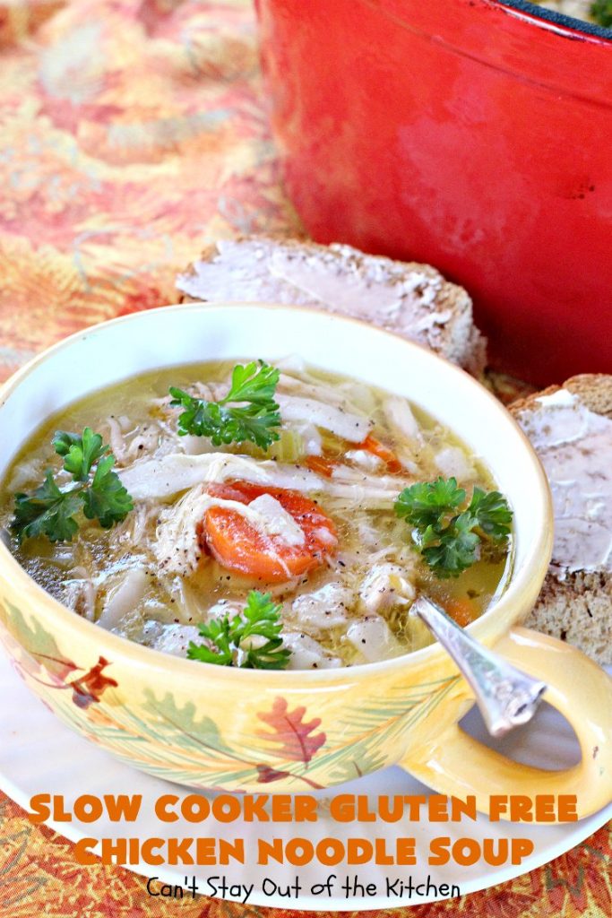 Slow Cooker Gluten Free Chicken Noodle Soup | this delicious #ChickenNoodleSoup #recipe is easy even though it's from scratch! It's great comfort food any time of the year but especially wonderful in the fall. #chicken #noodles #glutenfree #slowcooker #soup #crockpot #chickensoup