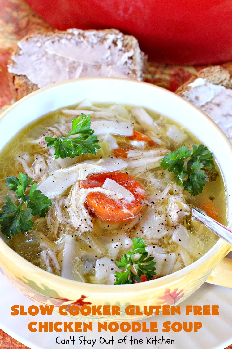 Slow Cooker Gluten Free Chicken Noodle Soup | this delicious #ChickenNoodleSoup #recipe is easy even though it's from scratch! It's great comfort food any time of the year but especially wonderful in the fall. #chicken #noodles #glutenfree #slowcooker #soup #crockpot #chickensoup