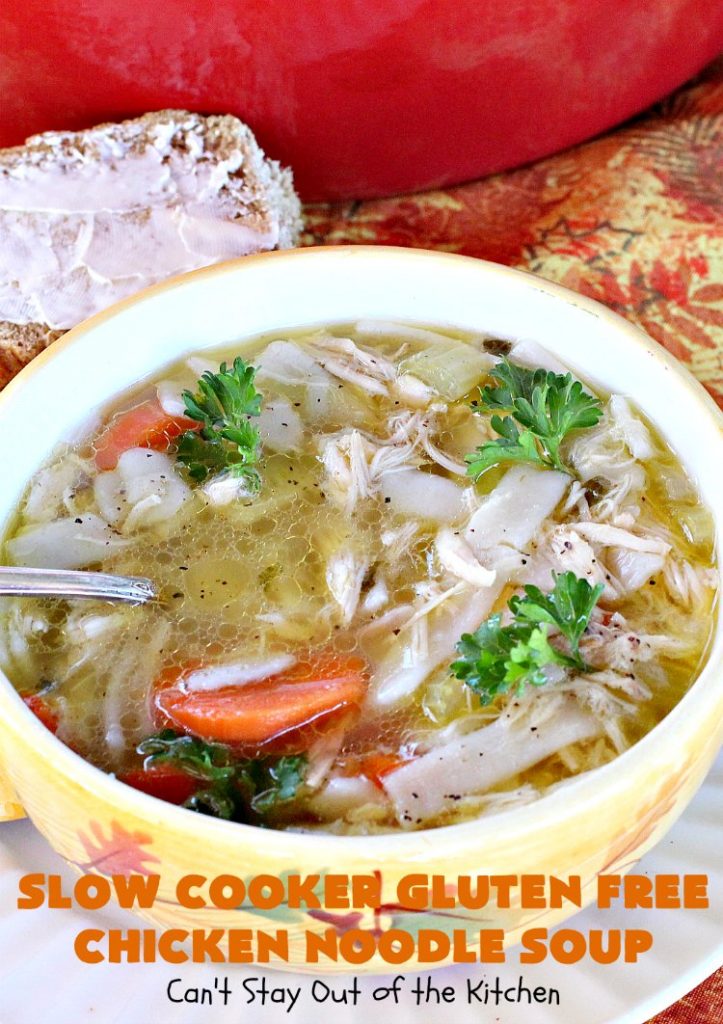 Slow Cooker Gluten Free Chicken Noodle Soup | this delicious #ChickenNoodleSoup #recipe is easy even though it's from scratch! It's great comfort food any time of the year but especially wonderful in the fall. #chicken #noodles #glutenfree #slowcooker #soup #crockpot #chickensoup
