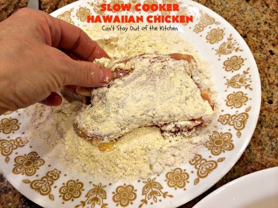 Slow Cooker Hawaiian Chicken | Can't Stay Out of the Kitchen | this fantastic #chicken entree can be made either in the #slowcooker or on top of the stove. The delicious sweet & sour #pineapple sauce makes this #recipe sizzle! Served over #rice, it's a terrific meal for company or family dinners. #glutenfree #Hawaiian #crockpot #sweetandsourchicken