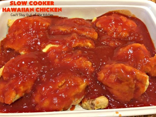 Slow Cooker Hawaiian Chicken | Can't Stay Out of the Kitchen | this fantastic #chicken entree can be made either in the #slowcooker or on top of the stove. The delicious sweet & sour #pineapple sauce makes this #recipe sizzle! Served over #rice, it's a terrific meal for company or family dinners. #glutenfree #Hawaiian #crockpot #sweetandsourchicken