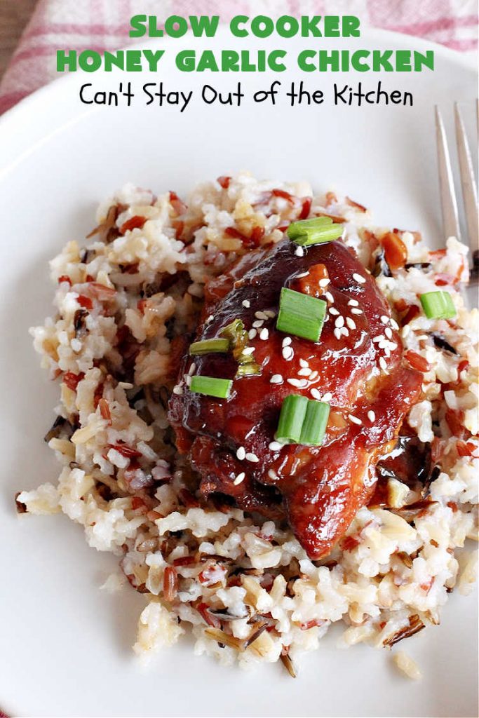 Slow Cooker Honey Garlic Chicken | Can't Stay Out of the Kitchen | this is one of the easiest #Asian style #chicken #recipes since the sauce is stirred together in the #crockpot & the #chicken is added on top! Very easy, very delicious, very filling & satisfying. It cooks in a few hours too, so it doesn't take long to prepare. #SlowCooker #honey #garlic #ginger #HoneyGarlicChicken #SlowCookerHoneyGarlicChicken #SlowCookerChickenRecipe