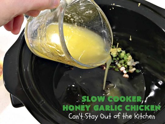 Slow Cooker Honey Garlic Chicken | Can't Stay Out of the Kitchen | this is one of the easiest #Asian style #chicken #recipes since the sauce is stirred together in the #crockpot & the #chicken is added on top! Very easy, very delicious, very filling & satisfying. It cooks in a few hours too, so it doesn't take long to prepare. #SlowCooker #honey #garlic #ginger #HoneyGarlicChicken #SlowCookerHoneyGarlicChicken #SlowCookerChickenRecipe