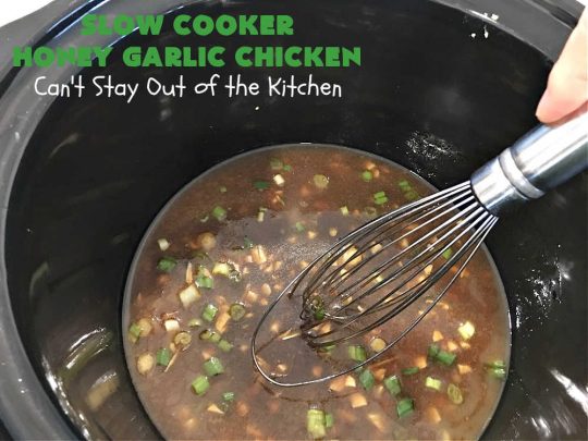Slow Cooker Honey Garlic Chicken | Can't Stay Out of the Kitchen | this is one of the easiest #Asian style #chicken #recipes since the sauce is stirred together in the #crockpot & the #chicken is added on top! Very easy, very delicious, very filling & satisfying. It cooks in a few hours too, so it doesn't take long to prepare. #SlowCooker #honey #garlic #ginger #HoneyGarlicChicken #SlowCookerHoneyGarlicChicken #SlowCookerChickenRecipe