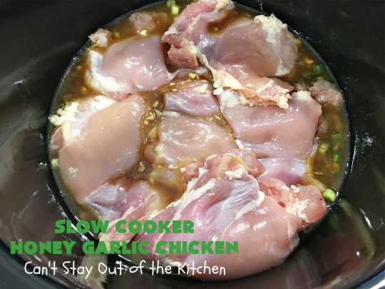 Slow Cooker Honey Garlic Chicken | Can't Stay Out of the Kitchen | this is one of the easiest #Asian style #chicken #recipes since the sauce is stirred together in the #crockpot & the #chicken is added on top! Very easy, very delicious, very filling & satisfying. It cooks in a few hours too, so it doesn't take long to prepare. #SlowCooker #honey #garlic #ginger #HoneyGarlicChicken #SlowCookerHoneyGarlicChicken #SlowCookerChickenRecipe