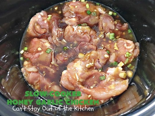 Slow Cooker Honey Garlic Chicken | Can't Stay Out of the Kitchen | this is one of the easiest #Asian style #chicken #recipes since the sauce is stirred together in the #crockpot & the #chicken is added on top! Very easy, very delicious, very filling & satisfying. It cooks in a few hours too, so it doesn't take long to prepare. #SlowCooker #honey #garlic #ginger #HoneyGarlicChicken #SlowCookerHoneyGarlicChicken #SlowCookerChickenRecipe