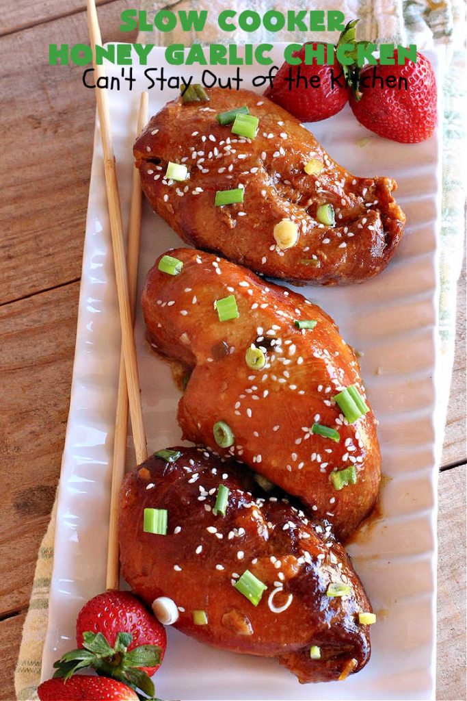 Slow Cooker Honey Garlic Chicken | Can't Stay Out of the Kitchen | this is one of the easiest #Asian style #chicken #recipes since the sauce is stirred together in the #crockpot & the #chicken is added on top! Very easy, very delicious, very filling & satisfying. It cooks in a few hours too, so it doesn't take long to prepare. #SlowCooker #honey #garlic #ginger #HoneyGarlicChicken #SlowCookerHoneyGarlicChicken #SlowCookerChickenRecipe