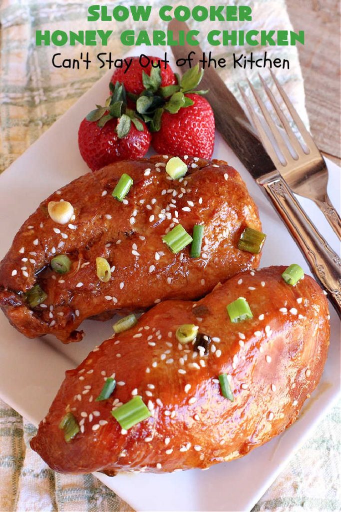 Slow Cooker Honey Garlic Chicken | Can't Stay Out of the Kitchen | this is one of the easiest #Asian style #chicken #recipes since the sauce is stirred together in the #crockpot & the #chicken is added on top! Very easy, very delicious, very filling & satisfying. It cooks in a few hours too, so it doesn't take long to prepare. #SlowCooker #honey #garlic #ginger #HoneyGarlicChicken #SlowCookerHoneyGarlicChicken #SlowCookerChickenRecipe