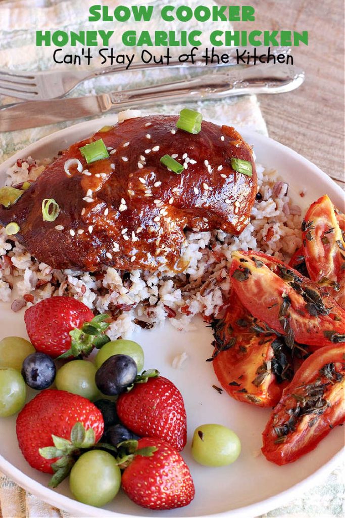 Slow Cooker Honey Garlic Chicken | Can't Stay Out of the Kitchen | this is one of the easiest #Asian style #chicken #recipes since the sauce is stirred together in the #crockpot & the #chicken is added on top! Very easy, very delicious, very filling & satisfying. It cooks in a few hours too, so it doesn't take long to prepare. #SlowCooker #honey #garlic #ginger #HoneyGarlicChicken #SlowCookerHoneyGarlicChicken #SlowCookerChickenRecipe