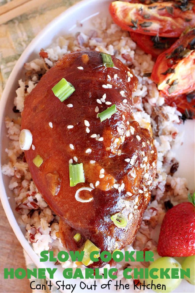 Slow Cooker Honey Garlic Chicken | Can't Stay Out of the Kitchen | this is one of the easiest #Asian style #chicken #recipes since the sauce is stirred together in the #crockpot & the #chicken is added on top! Very easy, very delicious, very filling & satisfying. It cooks in a few hours too, so it doesn't take long to prepare. #SlowCooker #honey #garlic #ginger #HoneyGarlicChicken #SlowCookerHoneyGarlicChicken #SlowCookerChickenRecipe