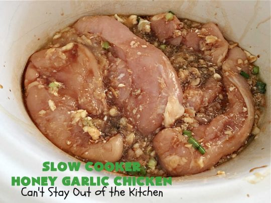 Slow Cooker Honey Garlic Chicken | Can't Stay Out of the Kitchen | this is one of the easiest #Asian style #chicken #recipes since the sauce is stirred together in the #crockpot & the #chicken is added on top! Very easy, very delicious, very filling & satisfying. It cooks in a few hours too, so it doesn't take long to prepare. #SlowCooker #honey #garlic #ginger #HoneyGarlicChicken #SlowCookerHoneyGarlicChicken #SlowCookerChickenRecipe
