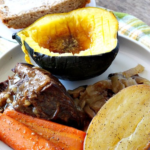 Slow Cooker Onion-Mushroom Pot Roast | Can't Stay Out of the Kitchen | this mouthwatering #potroast is so tender & succulent. It's also incredibly easy since it's made in the #crockpot. It's a terrific #holiday or company dinner entree for #Easter or #FathersDay. #beef #carrots #potatoes #glutenfree