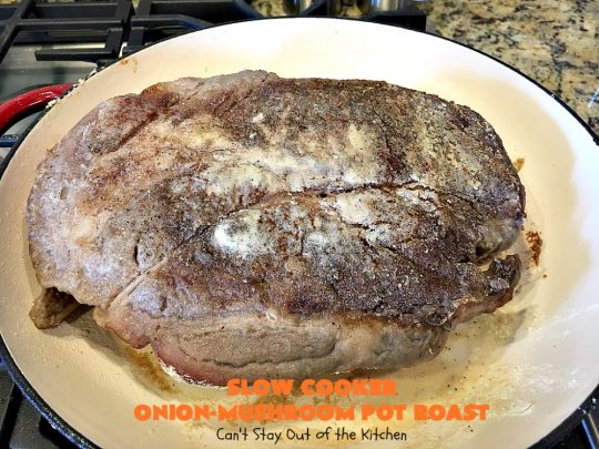 Slow Cooker Onion-Mushroom Pot Roast | Can't Stay Out of the Kitchen | this mouthwatering #potroast is so tender & succulent. It's also incredibly easy since it's made in the #crockpot. It's a terrific #holiday or company dinner entree for #Easter or #FathersDay. #beef #carrots #potatoes #glutenfree